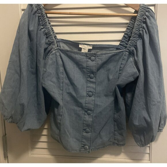 NWT H&M Off The Shoulder Blue Crop Top Chambray Denim Puff Sleeve Women's M - Picture 1 of 6